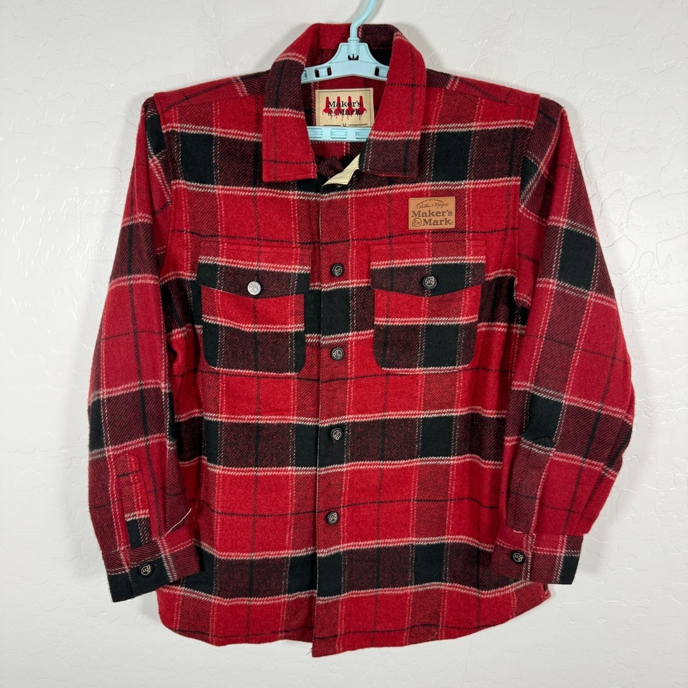 Makers Mark Shirt Mens Medium‎ Red Button Up Flannel Shacket Outdoor Plaid